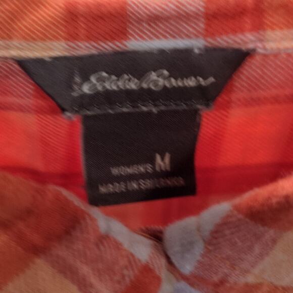 Eddie Bauer Gingham Summer Top Women M Orange Button Up Cap Sleeve Blouse - Picture 6 of 9